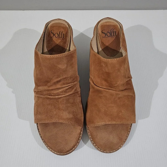 Sofft Strathmore Mule Womens 9.5 Ginger Tan Suede Peep Toe Wedge Heel - Picture 4 of 15